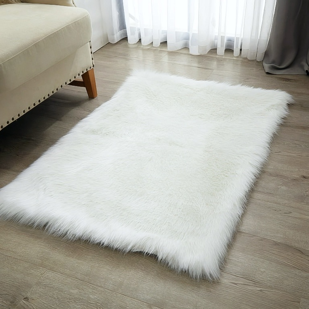 Mainstays Fluffy White Faux Fur Sheepskin Style Area Rug With Non-Slip Backing